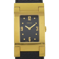 Versace VERSACE ALQ90 Rectangular Black Dial GP/Leather Quartz Watch Battery Women's — Good