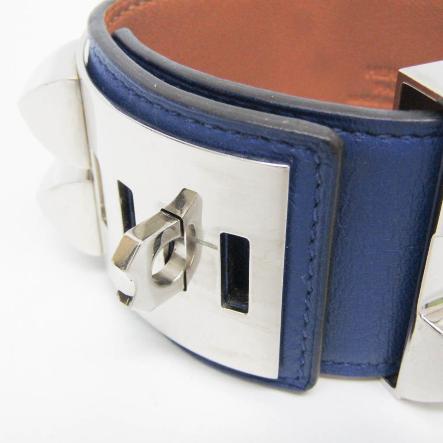 Hermes Collier De Chien Leather,Metal Bangle Silver,Bleu Saphir