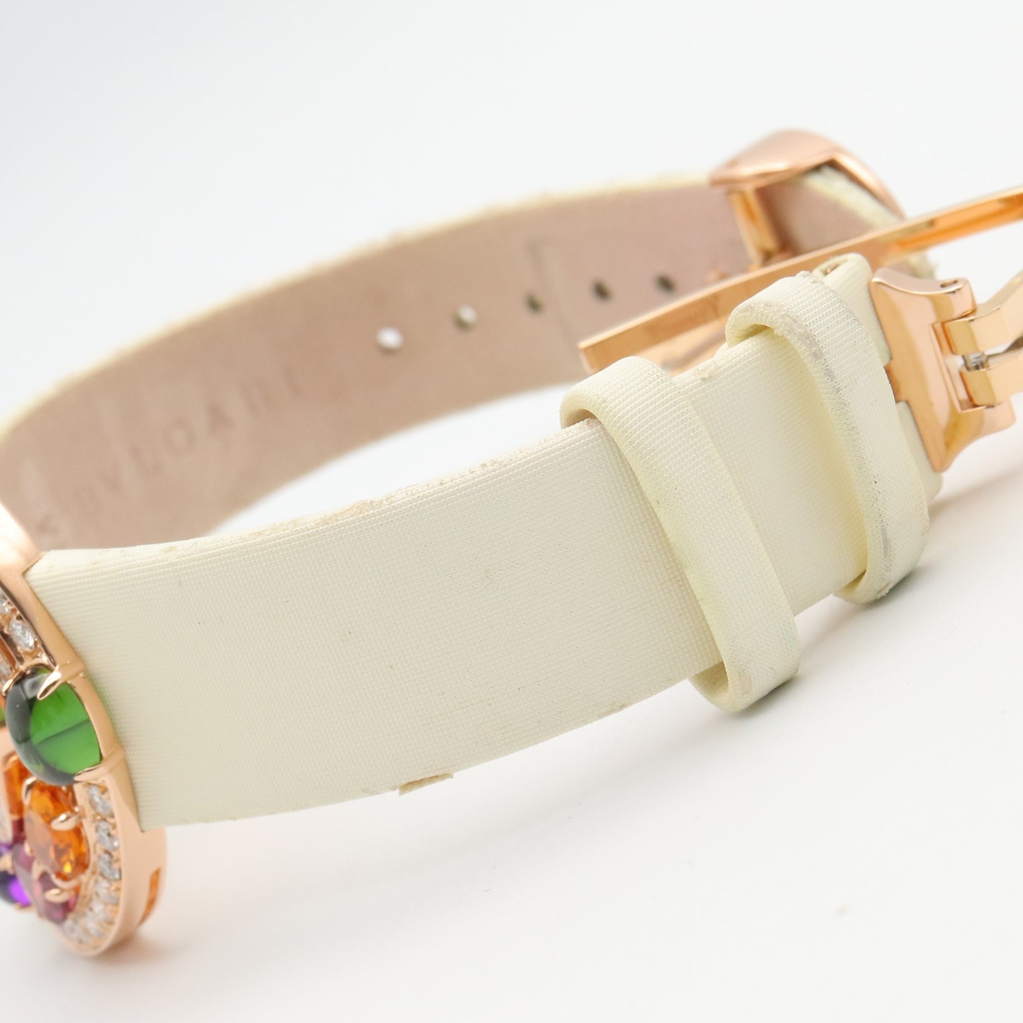 Bulgari BVLGARI Astrale Cerchi Diamond & Colored Stone Watch, 18K Pink Gold (PG), Diamond, Leather Strap, Women's, White, White Shell, AEP36G — Very Good