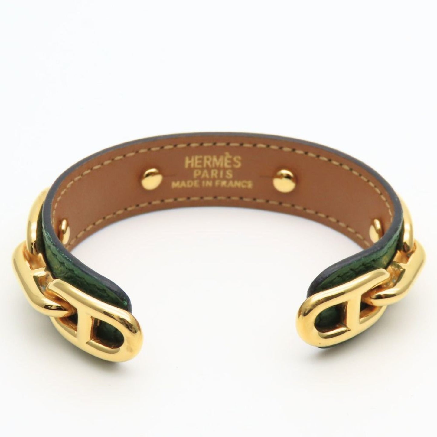Hermes Chaine d'Ancre Bangle, Leather and Metal, Green Gold Plated, GP, Women's, HERMES