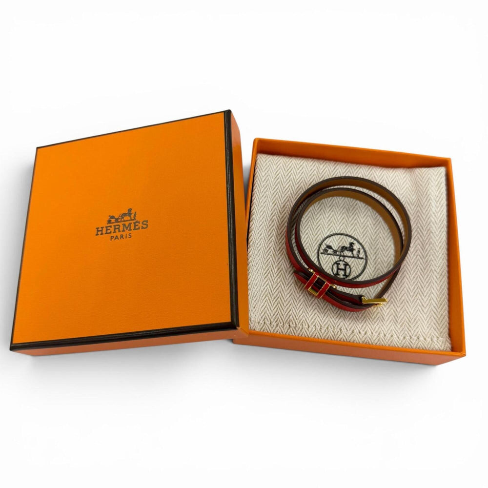 HERMES Pop H Double Tour Leather Bracelet with Golden Yellow Hardware, Red, T2 K Stamp, Made in France, Women's, Box and Dust Bag — Like New