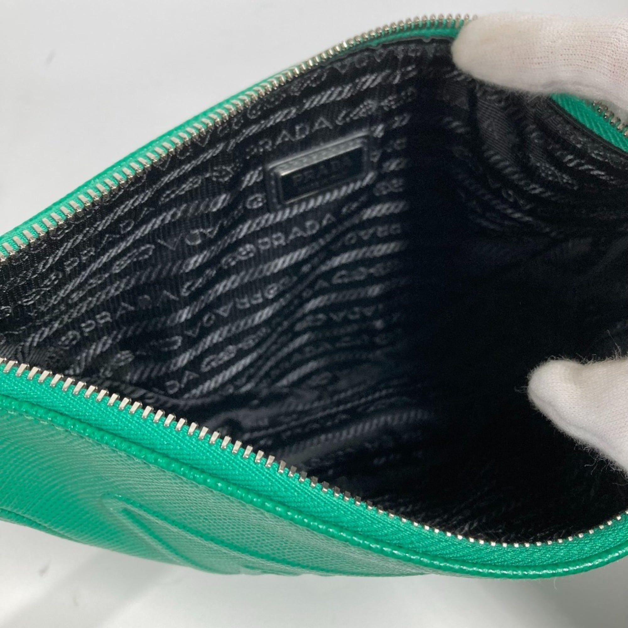 PRADA 2NE054 Embossed Triangle Plate Pouch Clutch Bag with Strap Saffiano Leather Men's Green — Like New