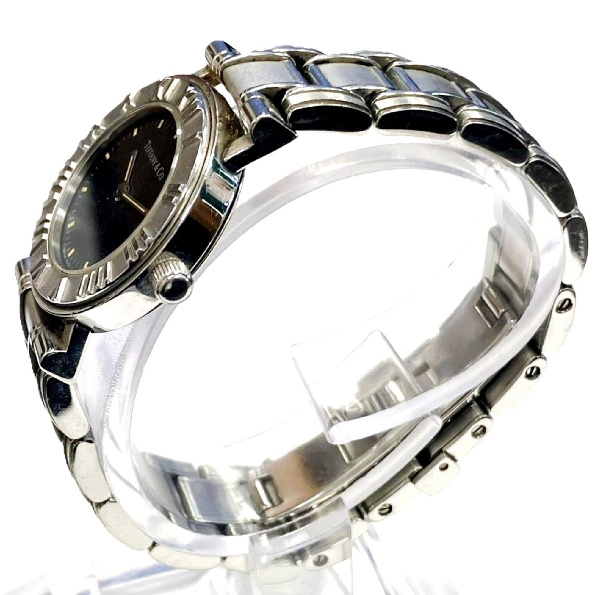 Tiffany & Co. Atlas watch, total weight 51.2g, stainless steel, quartz movement, black dial — Good