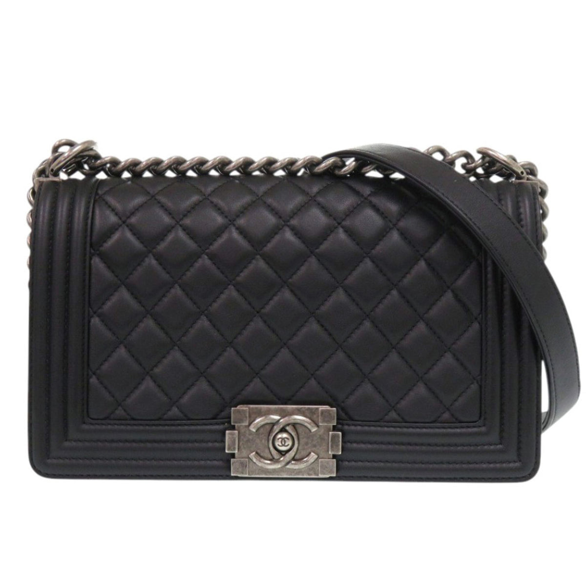 Chanel Boy 25 Coco Mark Lambskin Black Random Plate Shoulder Bag 0269CHANEL — Like New