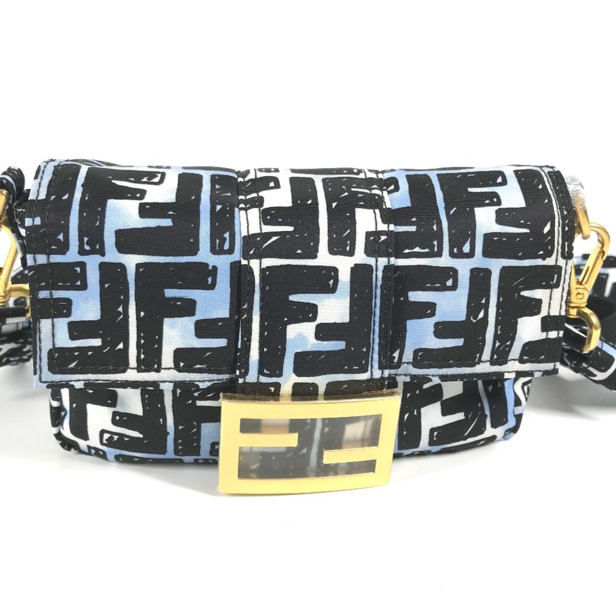 FENDI 8BR784 Joshua Vides Collaboration Zucca Baguette Bag Pochette Shoulder Nylon Men's Blue — New - Store Return