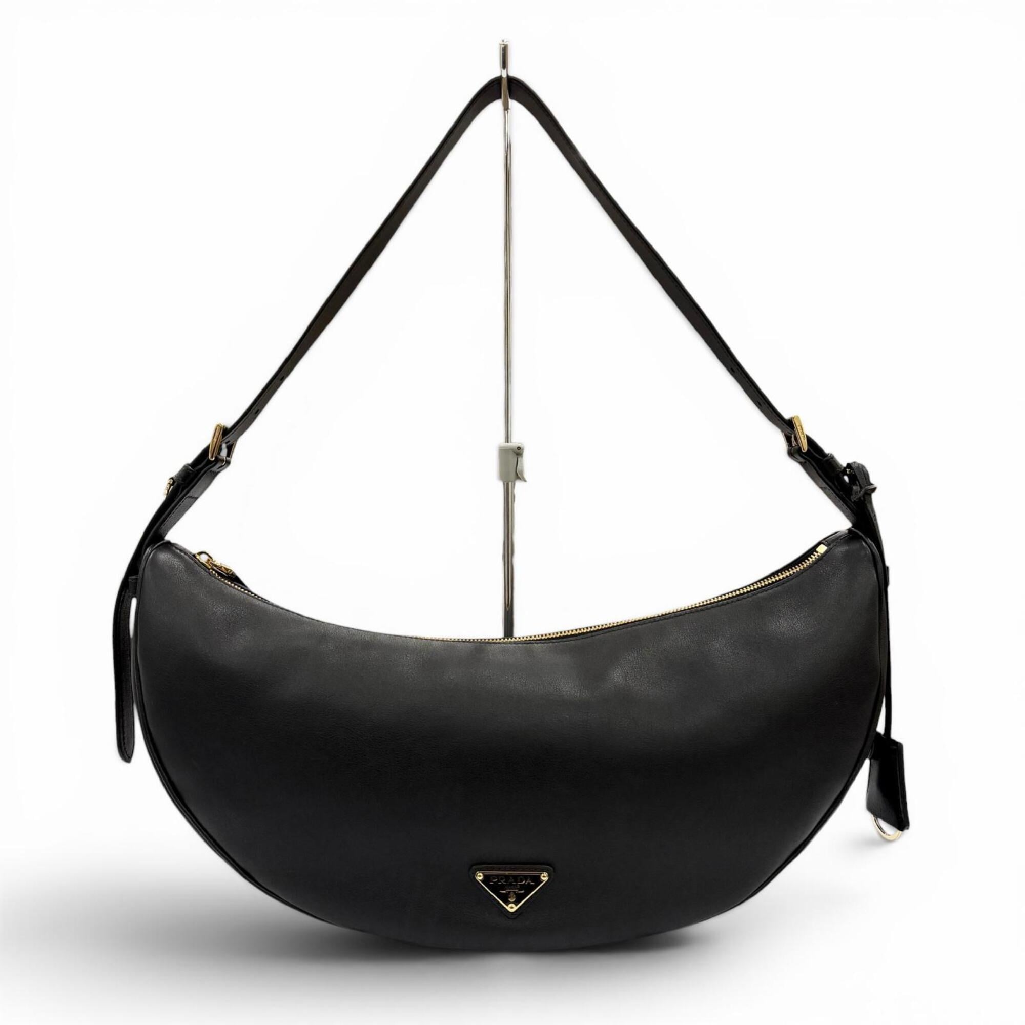 PRADA 1BC255 Demi-Lune Triangle Logo Leather Shoulder Bag, Black, Made in Italy, Women's, with Dust Bag — Like New