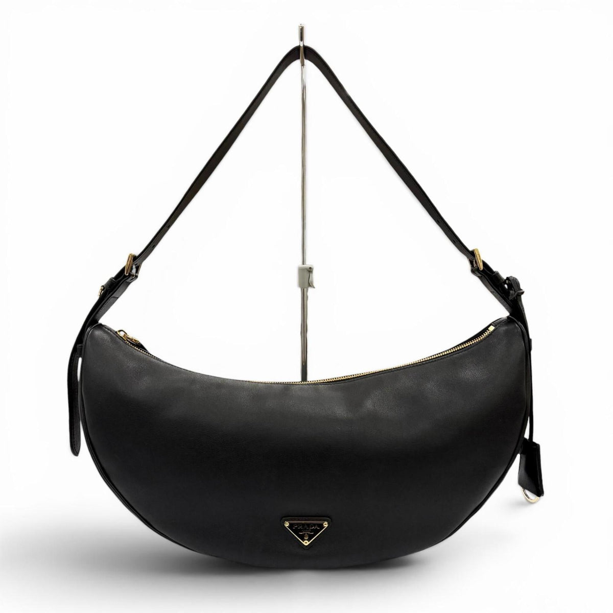 PRADA 1BC255 Demi-Lune Triangle Logo Leather Shoulder Bag, Black, Made in Italy, Women's, with Dust Bag — Like New