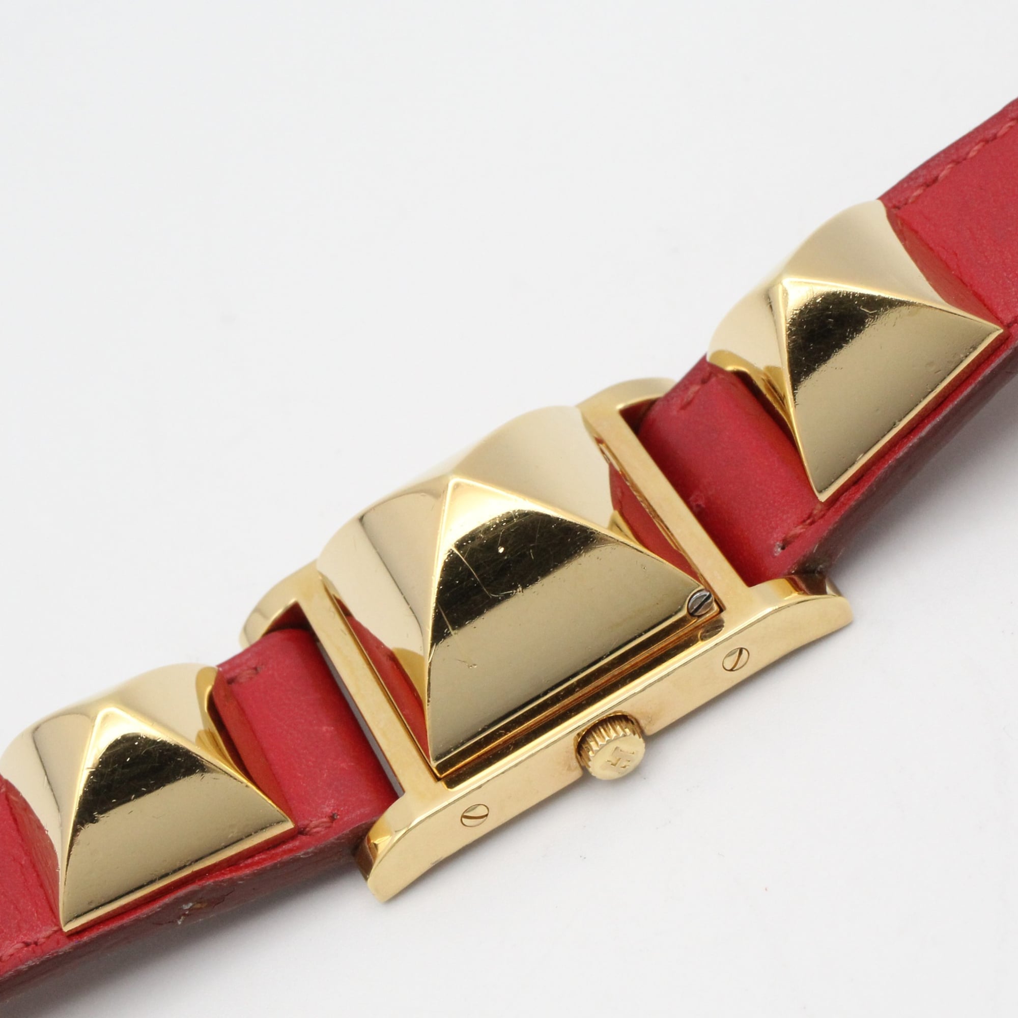 Hermes Medor watch, gold-plated (GP), leather strap, women's, white, ME1.201 — Very Good