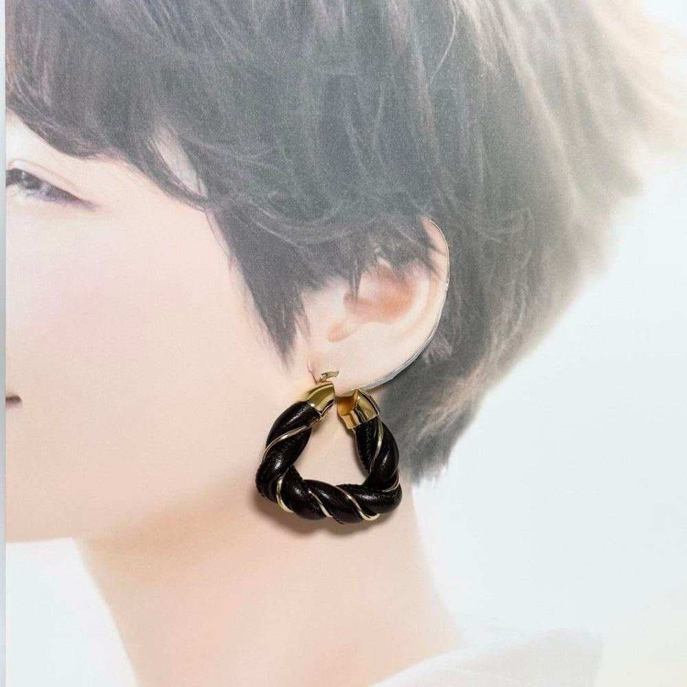 BOTTEGA VENETA Women's Hoop Triangle Twist Earrings in 925 Silver and Leather — Like New