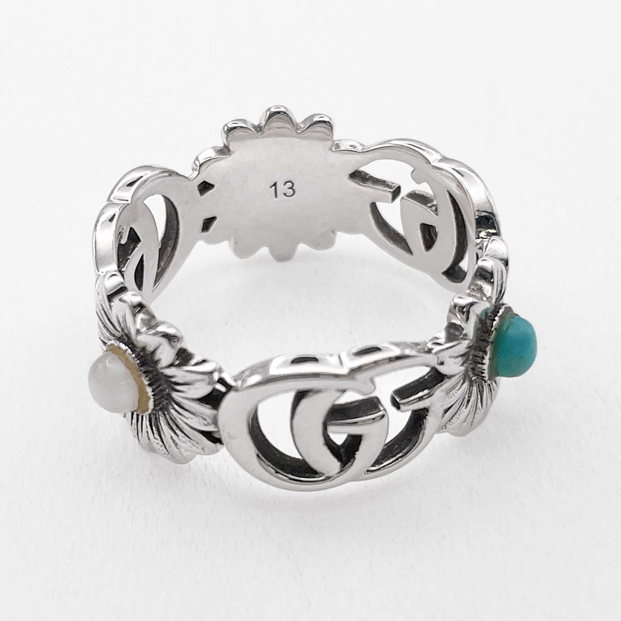GUCCI Double G Flower Turquoise Mother-of-Pearl Ring, SV925, 13 7782, Silver, Men's/Women's — Like New