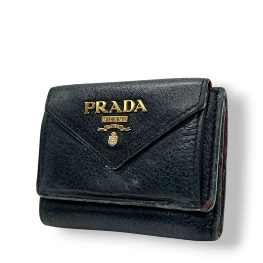 Prada PRADA Tri-fold Mini Wallet 1MH021 VITELLO GRAIN Leather Black and Red Two-Tone Women's Men's w6