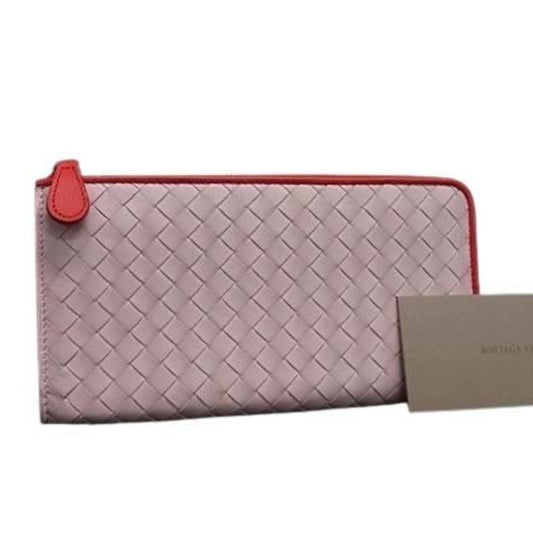 BOTTEGA VENETA Intrecciato wallet in light pink and red leather. Women's L-shaped long wallet.