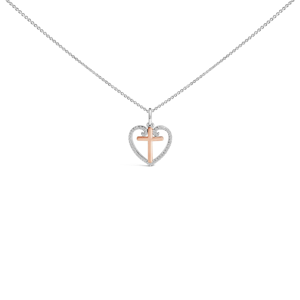 14K Rose Gold Plated Sterling Silver 1/5 Cttw Diamond Heart Cross Pendant Necklace
