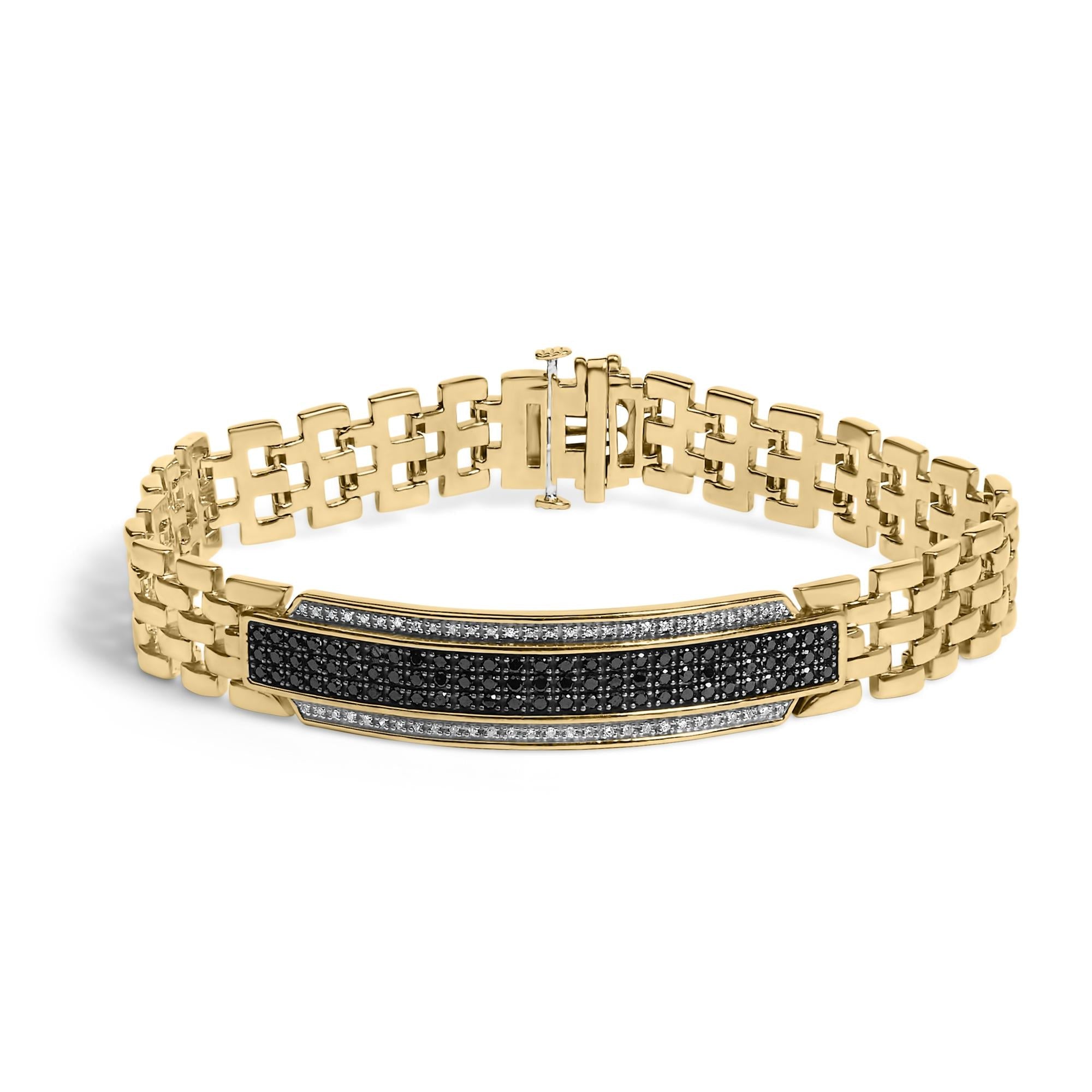 Men's 14K Yellow Gold Plated .925 Sterling Silver 1.0 Cttw Black and White Diamond ID Link Bracelet
