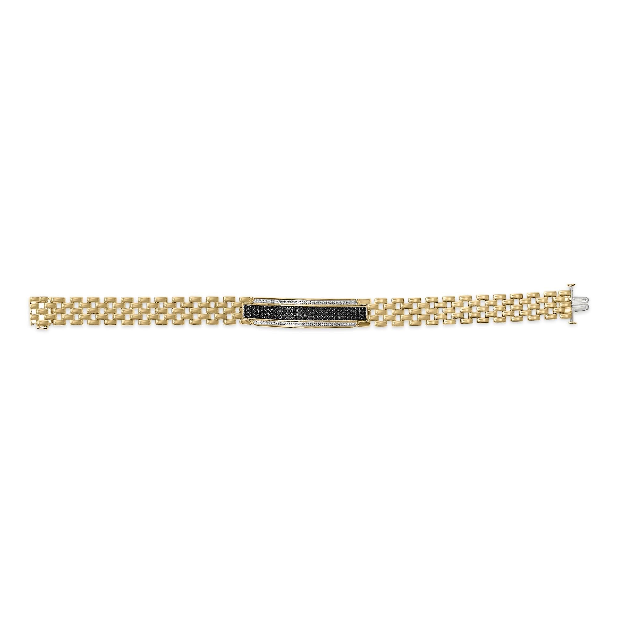 Men's 14K Yellow Gold Plated .925 Sterling Silver 1.0 Cttw Black and White Diamond ID Link Bracelet