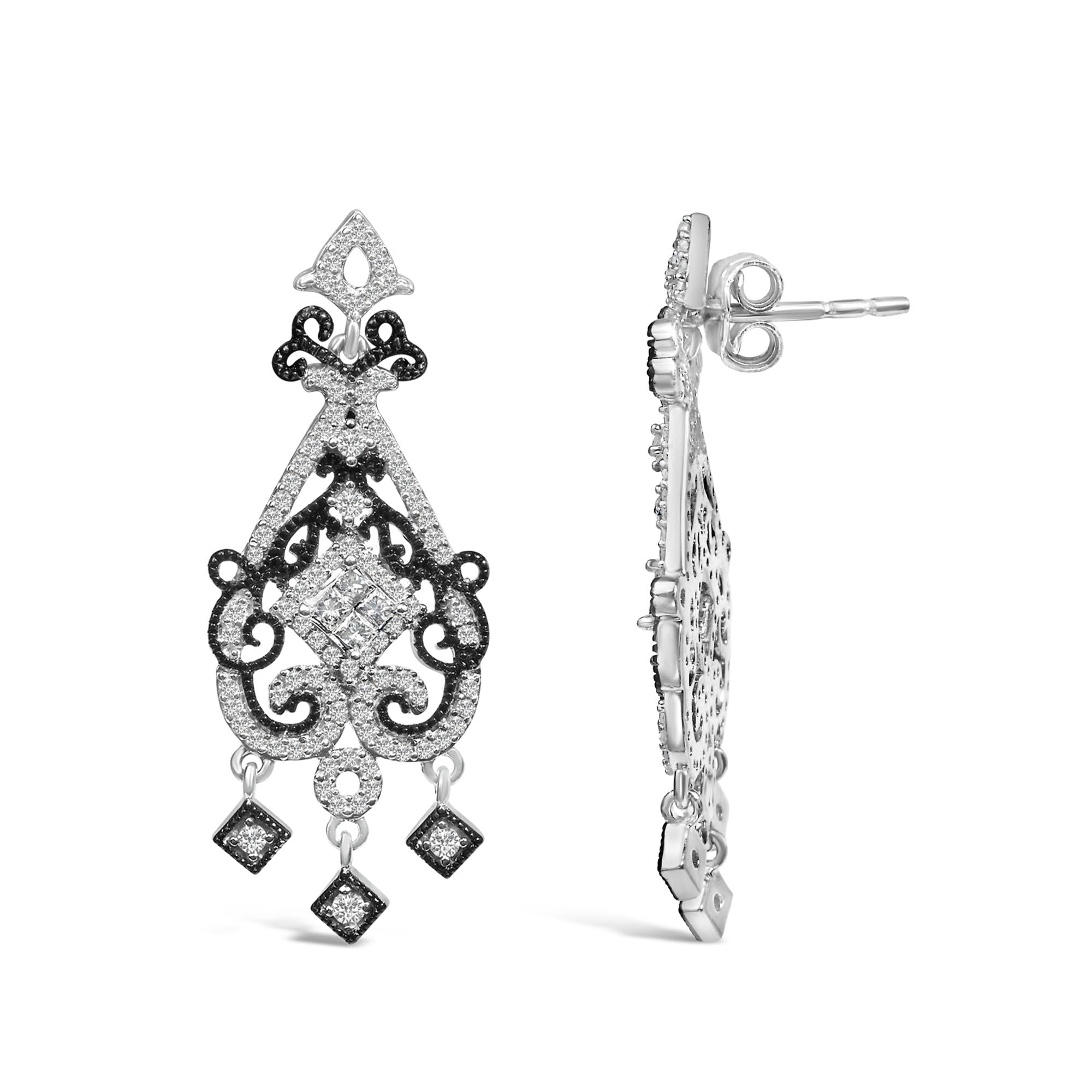 Black Rhodium and .925 Sterling Silver 3/4 Cttw Diamond Chandelier Earrings