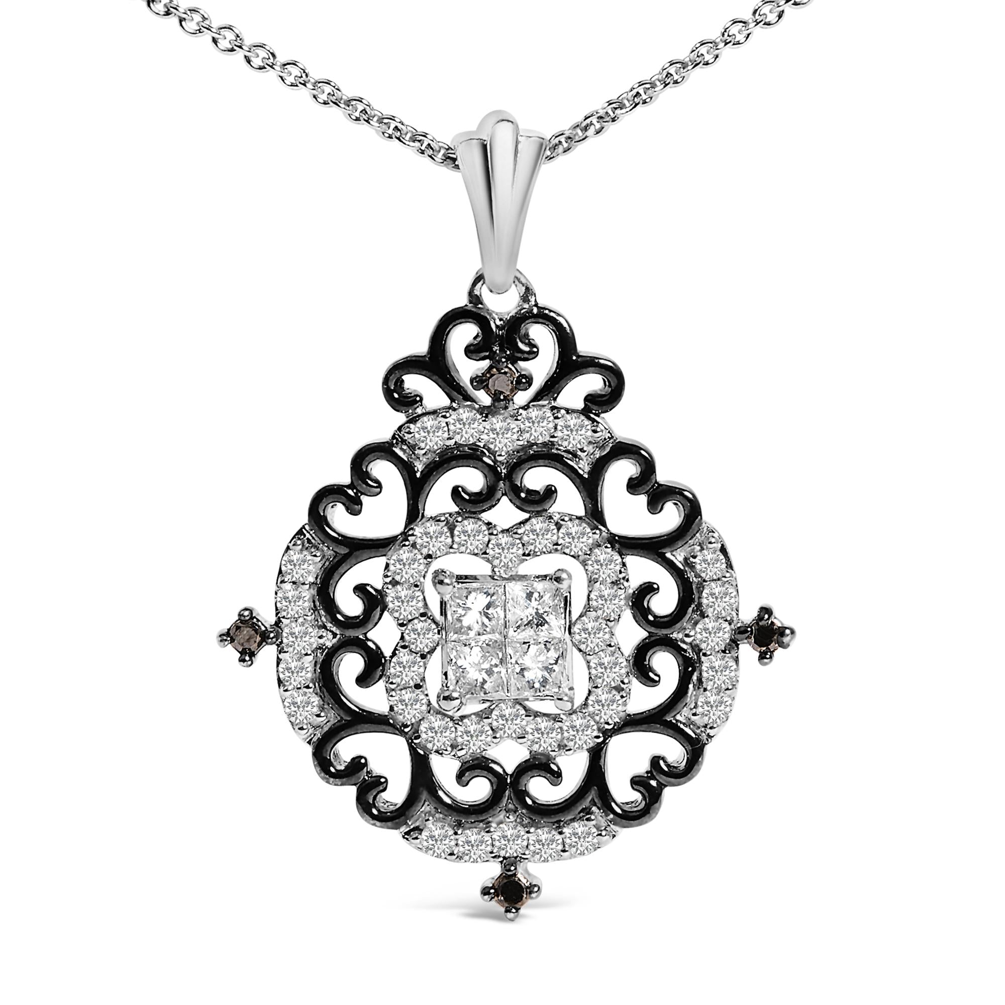 Black Rhodium Plated Sterling Silver 3/4 Cttw Diamond Ornate Medallion Pendant Necklace