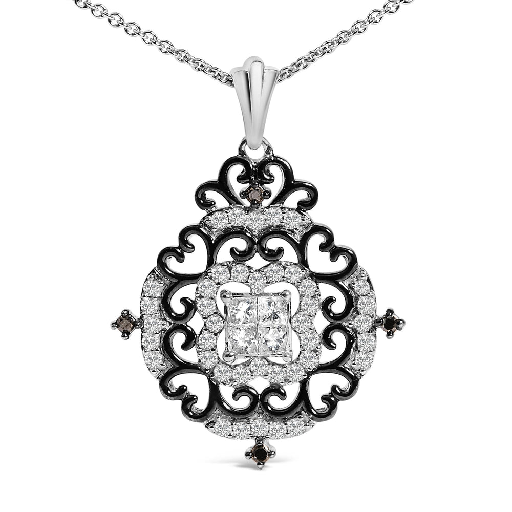 Black Rhodium Plated Sterling Silver 3/4 Cttw Diamond Ornate Medallion Pendant Necklace