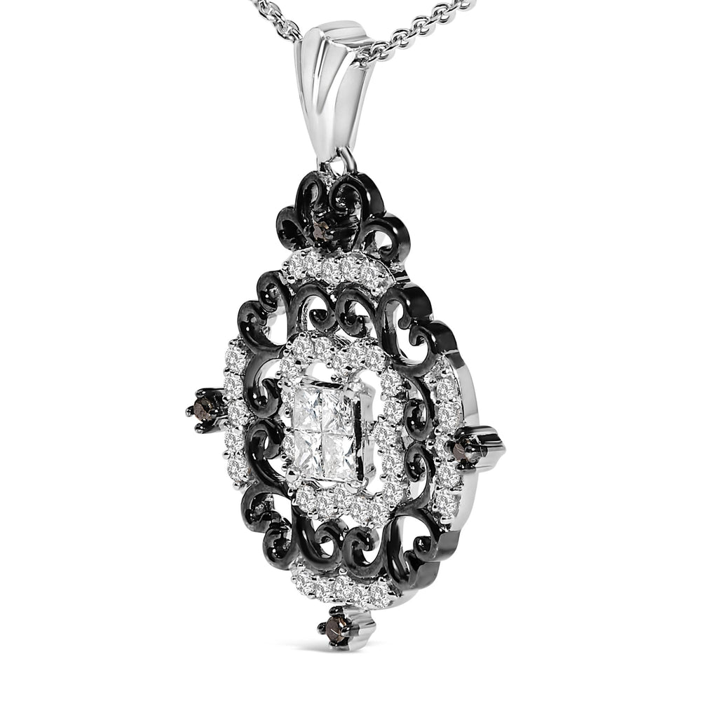 Black Rhodium Plated Sterling Silver 3/4 Cttw Diamond Ornate Medallion Pendant Necklace