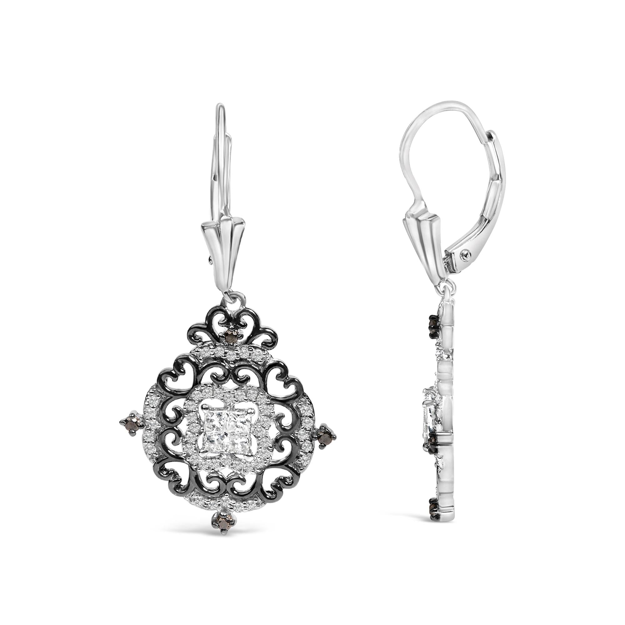 Black Rhodium and .925 Sterling Silver 3/4 Cttw Diamond Medallion Drop Earrings
