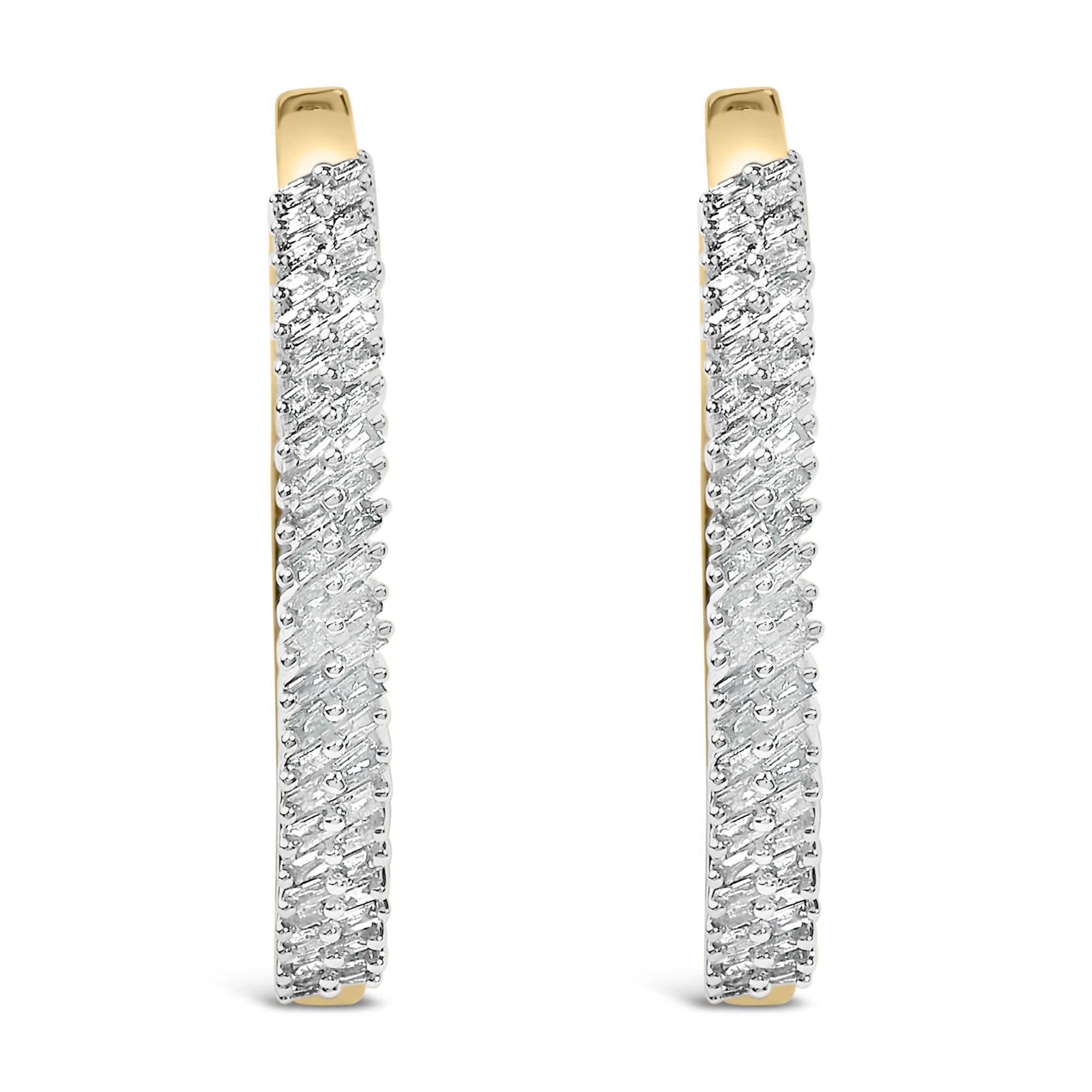 14K Yellow Gold Plated .925 Sterling Silver 1.0 Cttw Baguette Diamond Hoop Earrings