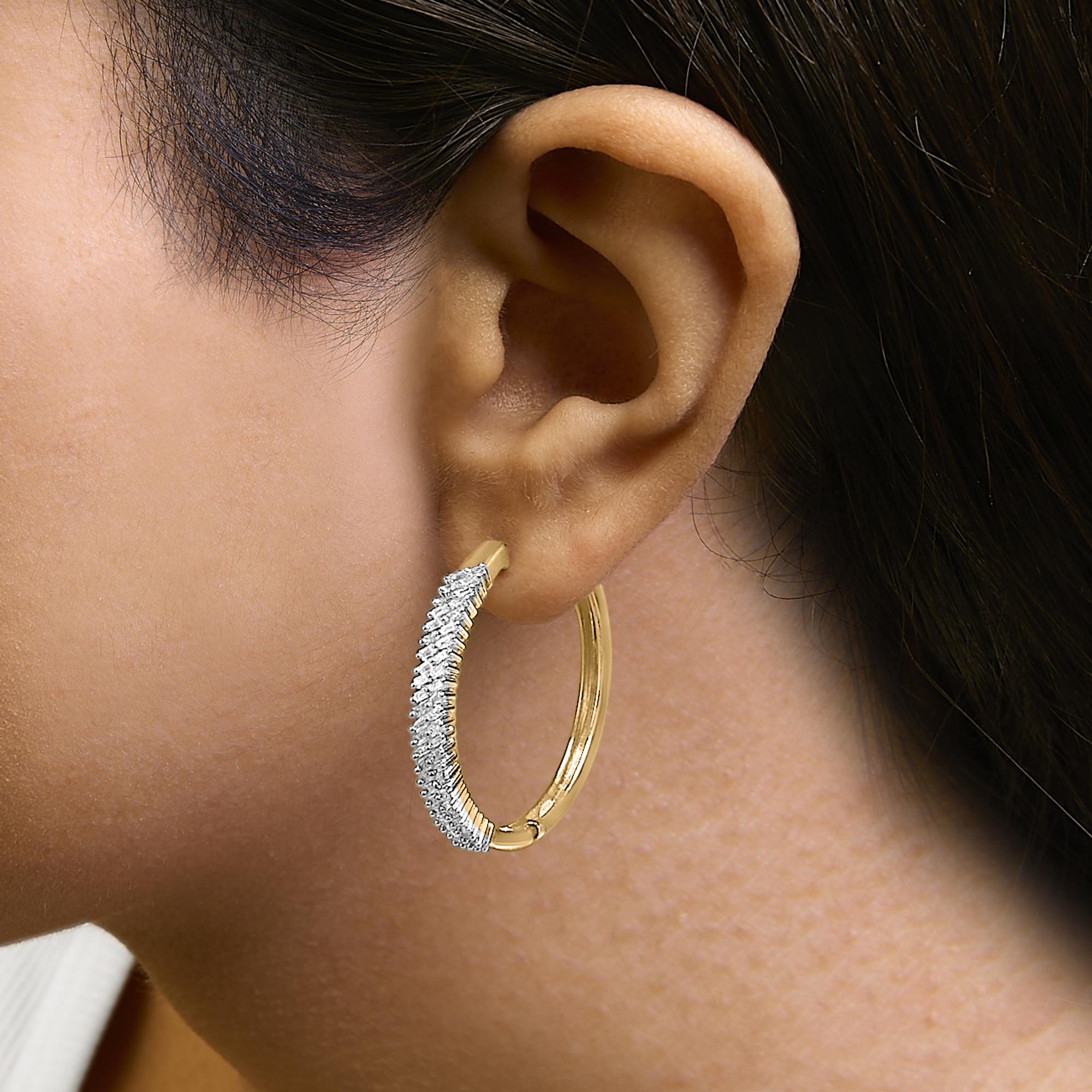 14K Yellow Gold Plated .925 Sterling Silver 1.0 Cttw Baguette Diamond Hoop Earrings