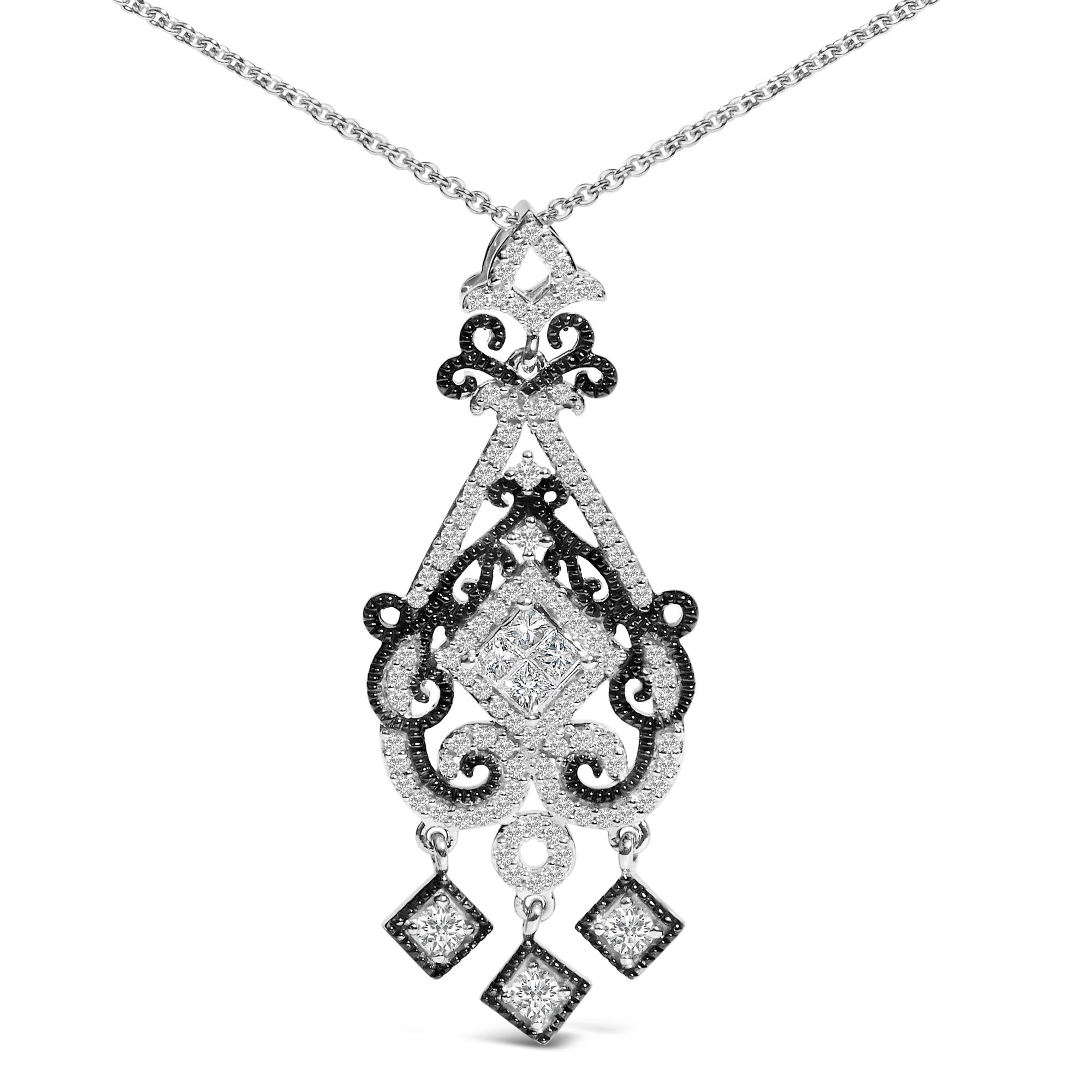 Black Rhodium Plated Sterling Silver 3/4 Cttw Diamond Ornate Drop Pendant Necklace