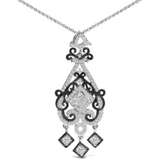Black Rhodium Plated Sterling Silver 3/4 Cttw Diamond Ornate Drop Pendant Necklace