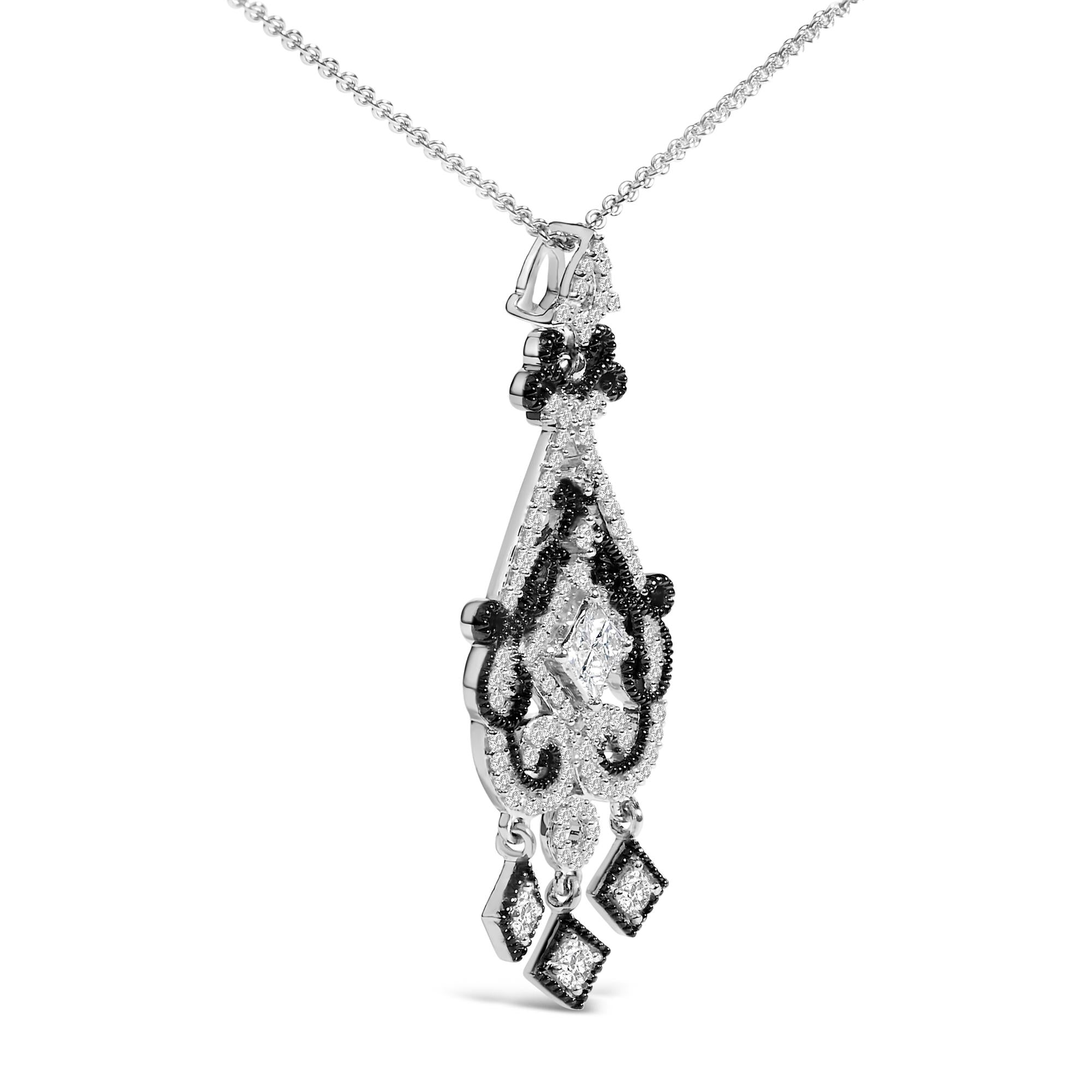 Black Rhodium Plated Sterling Silver 3/4 Cttw Diamond Ornate Drop Pendant Necklace
