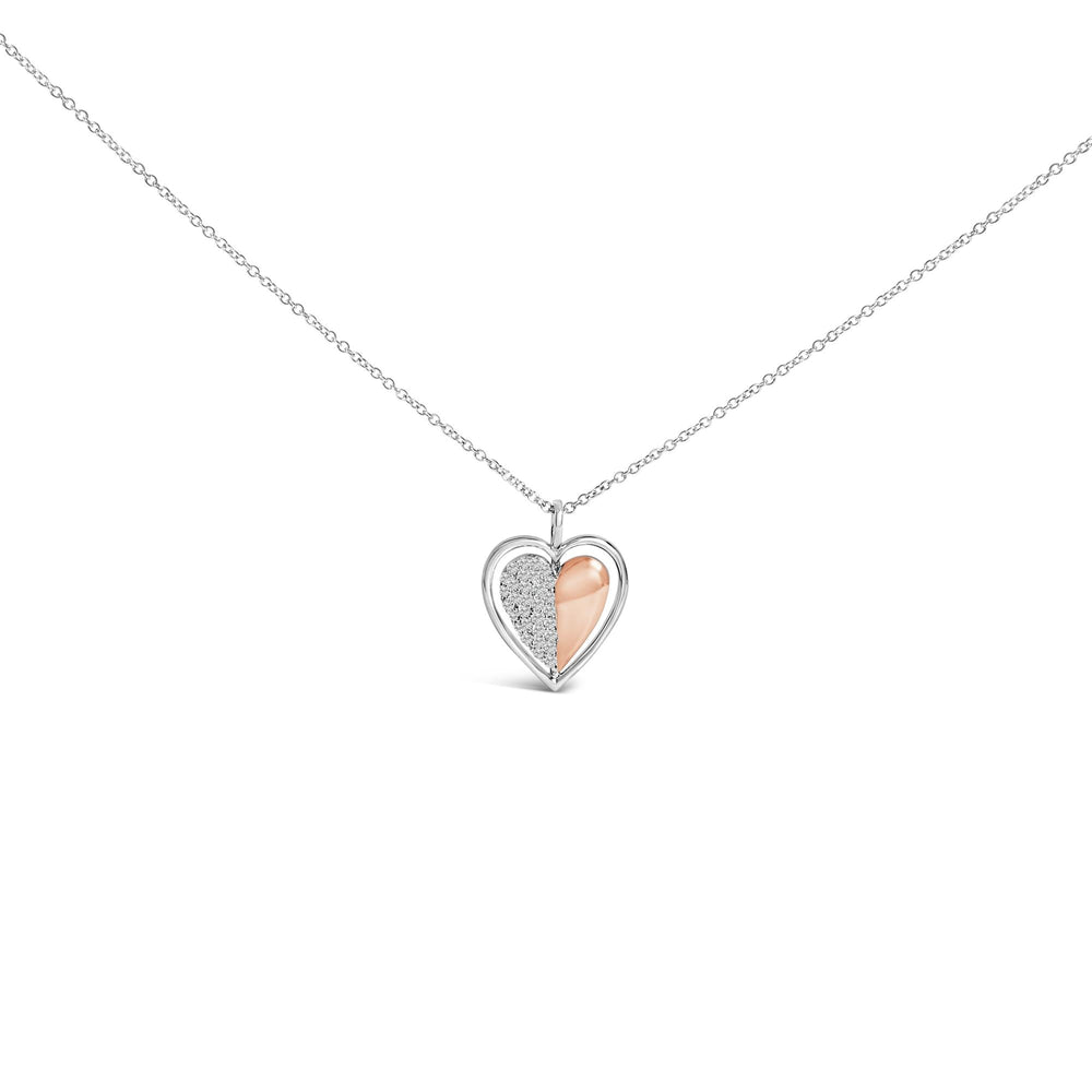 10K Rose Gold Plated Sterling Silver 1/5 Cttw Diamond Two-Tone Heart Pendant Necklace