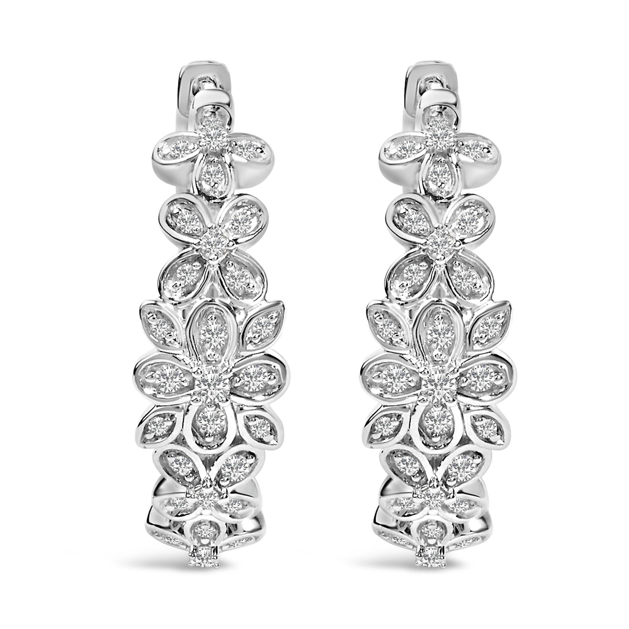 .925 Sterling Silver 1/2 Cttw Diamond Floral Motif Hoop Earrings