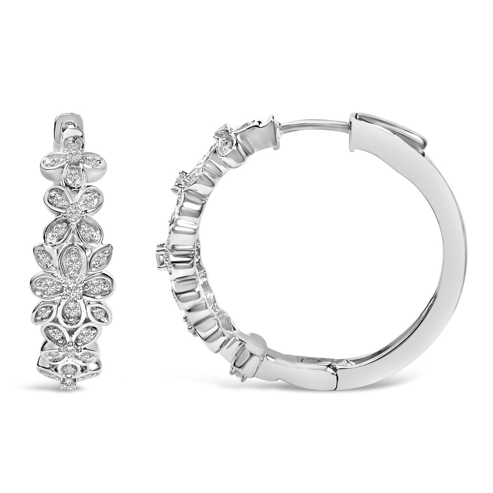 .925 Sterling Silver 1/2 Cttw Diamond Floral Motif Hoop Earrings