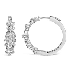 .925 Sterling Silver 1/2 Cttw Diamond Floral Motif Hoop Earrings