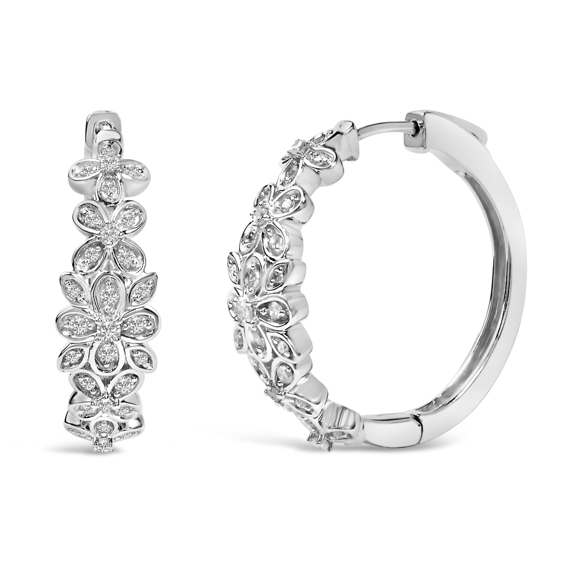 .925 Sterling Silver 1/2 Cttw Diamond Floral Motif Hoop Earrings