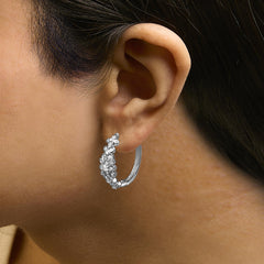 .925 Sterling Silver 1/2 Cttw Diamond Floral Motif Hoop Earrings