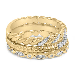 14K Yellow Gold Plated Sterling Silver 1/4 Cttw Diamond Twist Leaf Stackable Ring Set