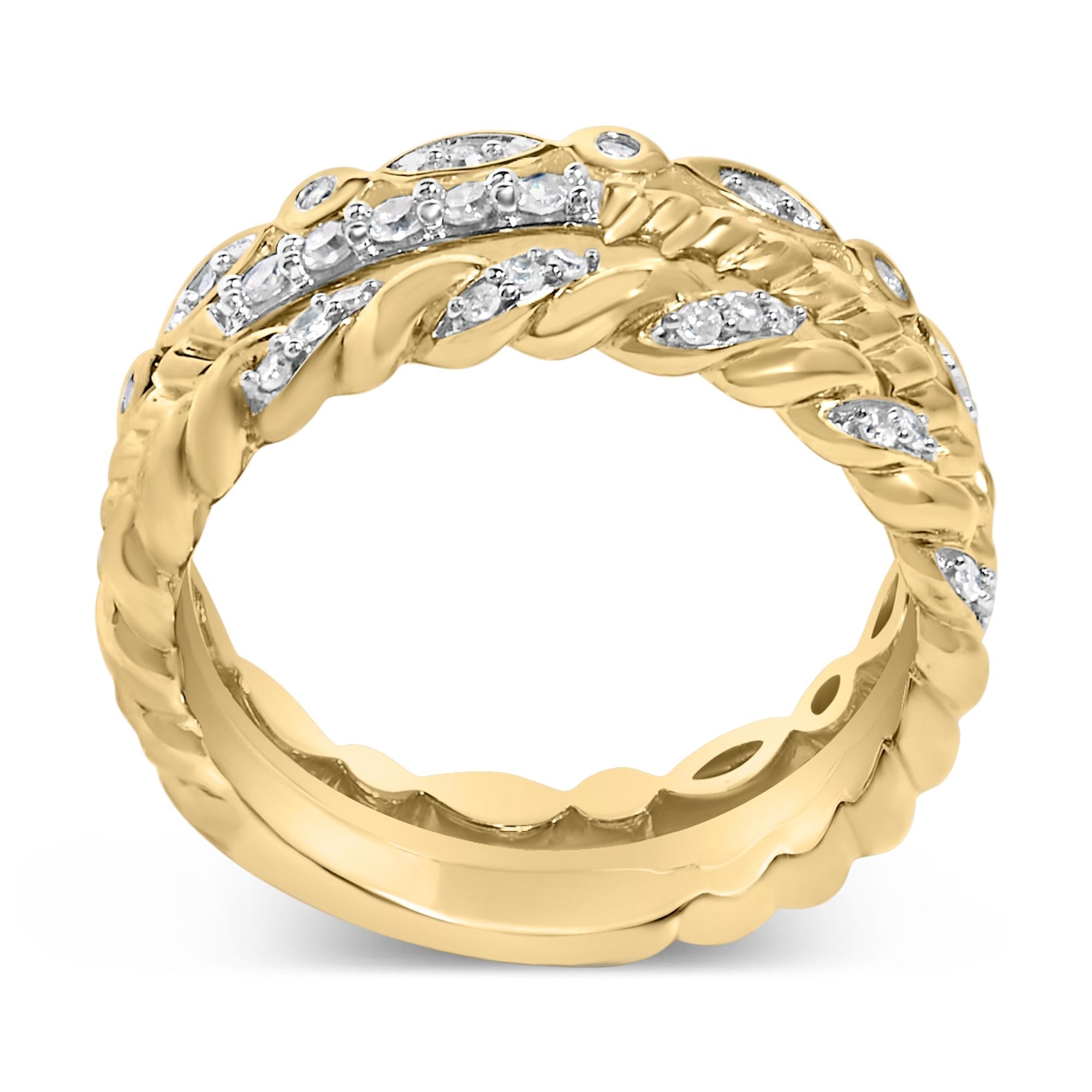 14K Yellow Gold Plated Sterling Silver 1/4 Cttw Diamond Twist Leaf Stackable Ring Set