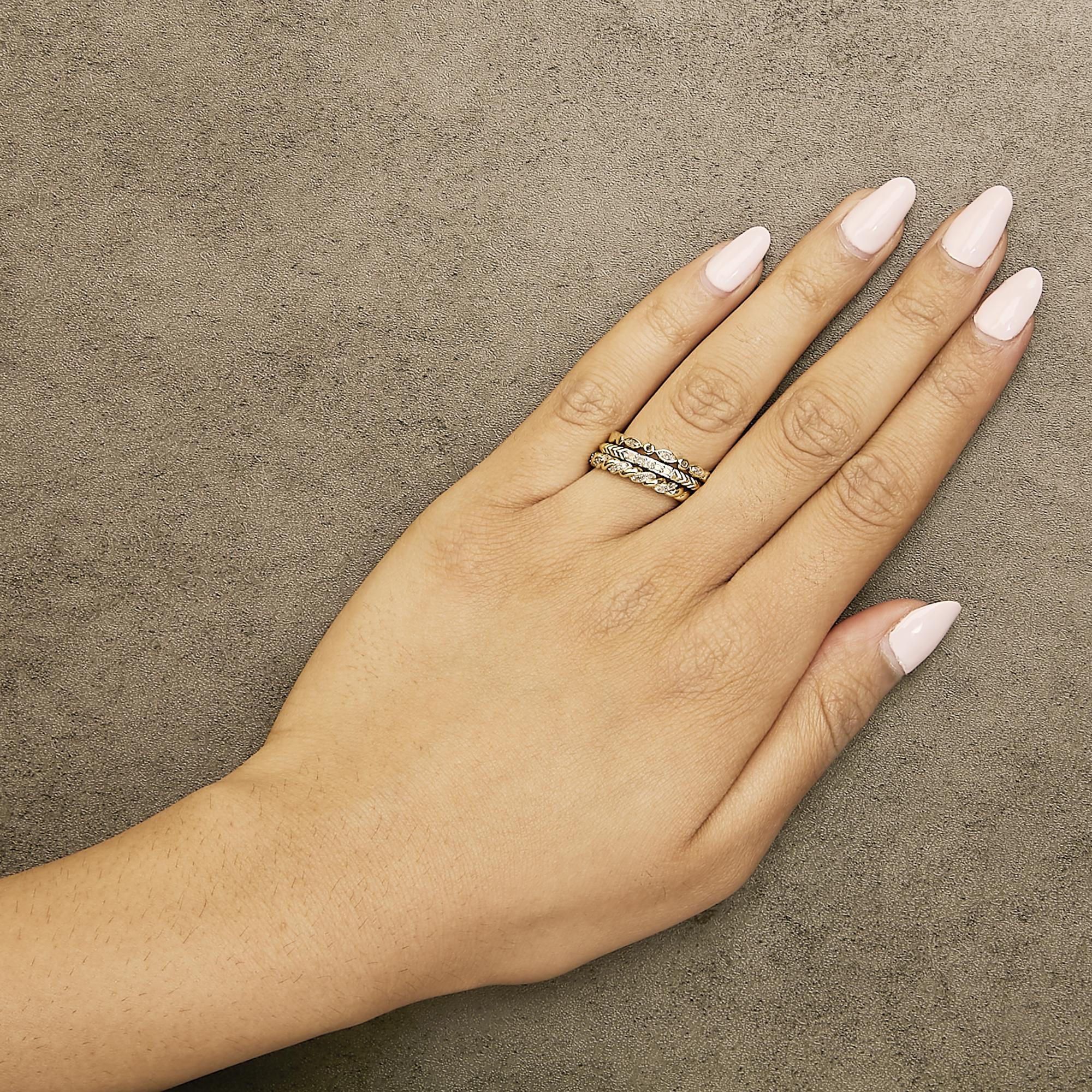 14K Yellow Gold Plated Sterling Silver 1/4 Cttw Diamond Twist Leaf Stackable Ring Set