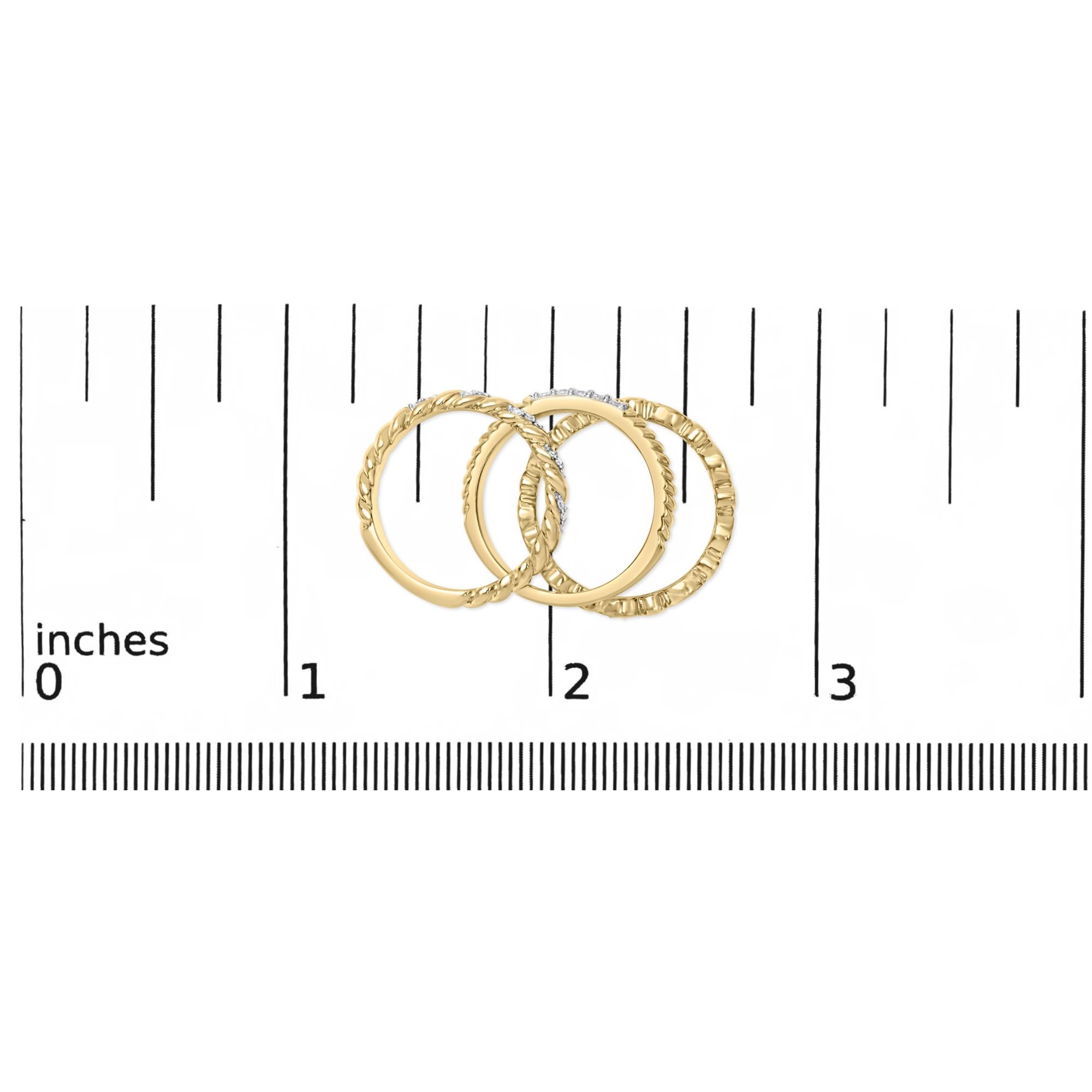 14K Yellow Gold Plated Sterling Silver 1/4 Cttw Diamond Twist Leaf Stackable Ring Set