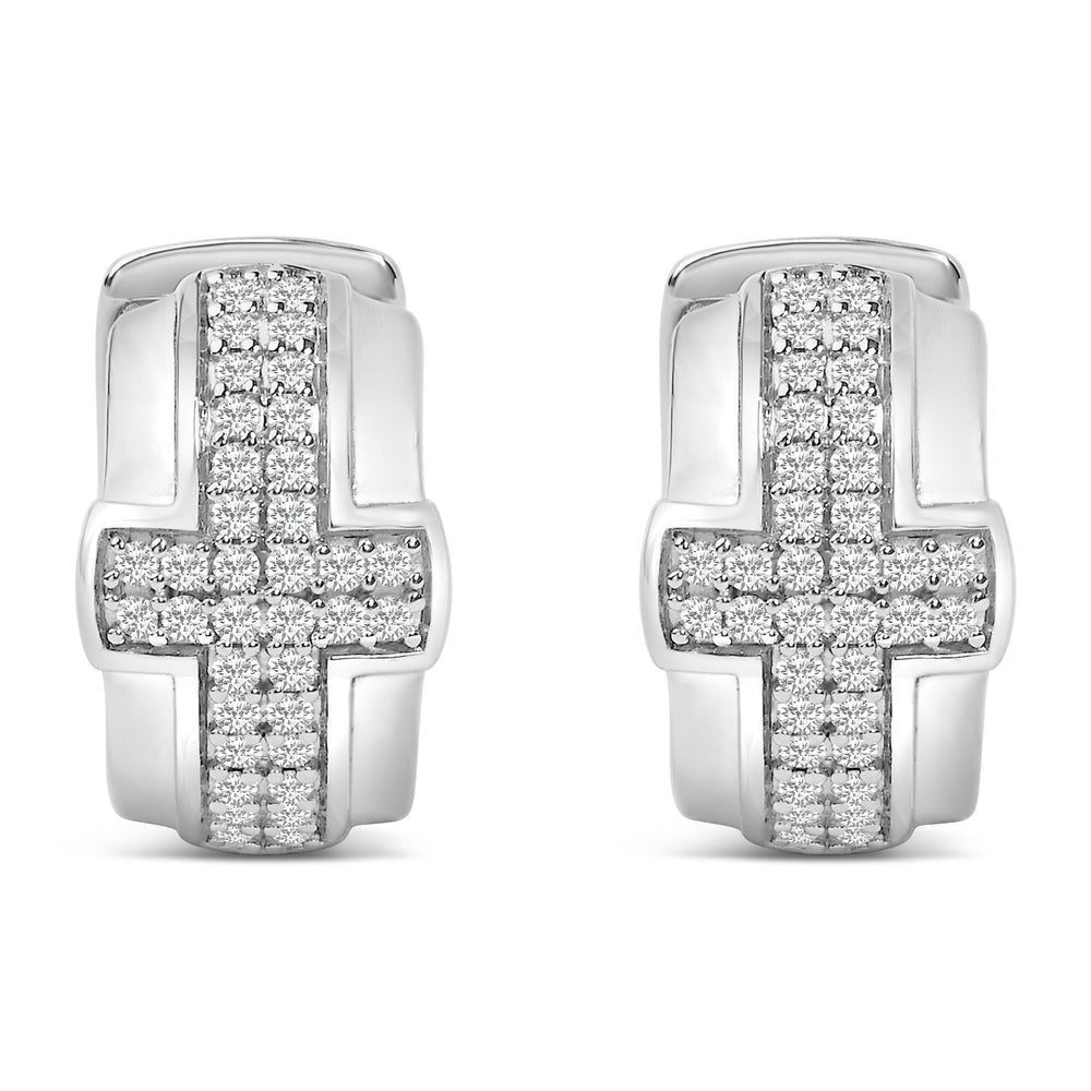 .925 Sterling Silver 1/2 Cttw Diamond Cross Domed Huggy Hoop Earrings