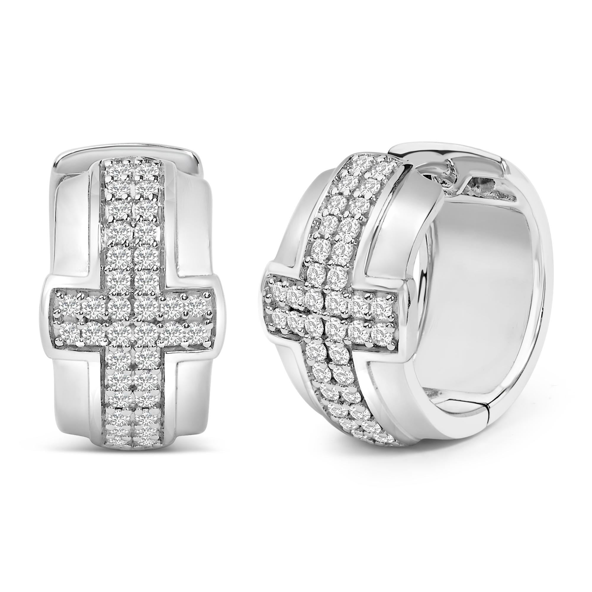 .925 Sterling Silver 1/2 Cttw Diamond Cross Domed Huggy Hoop Earrings