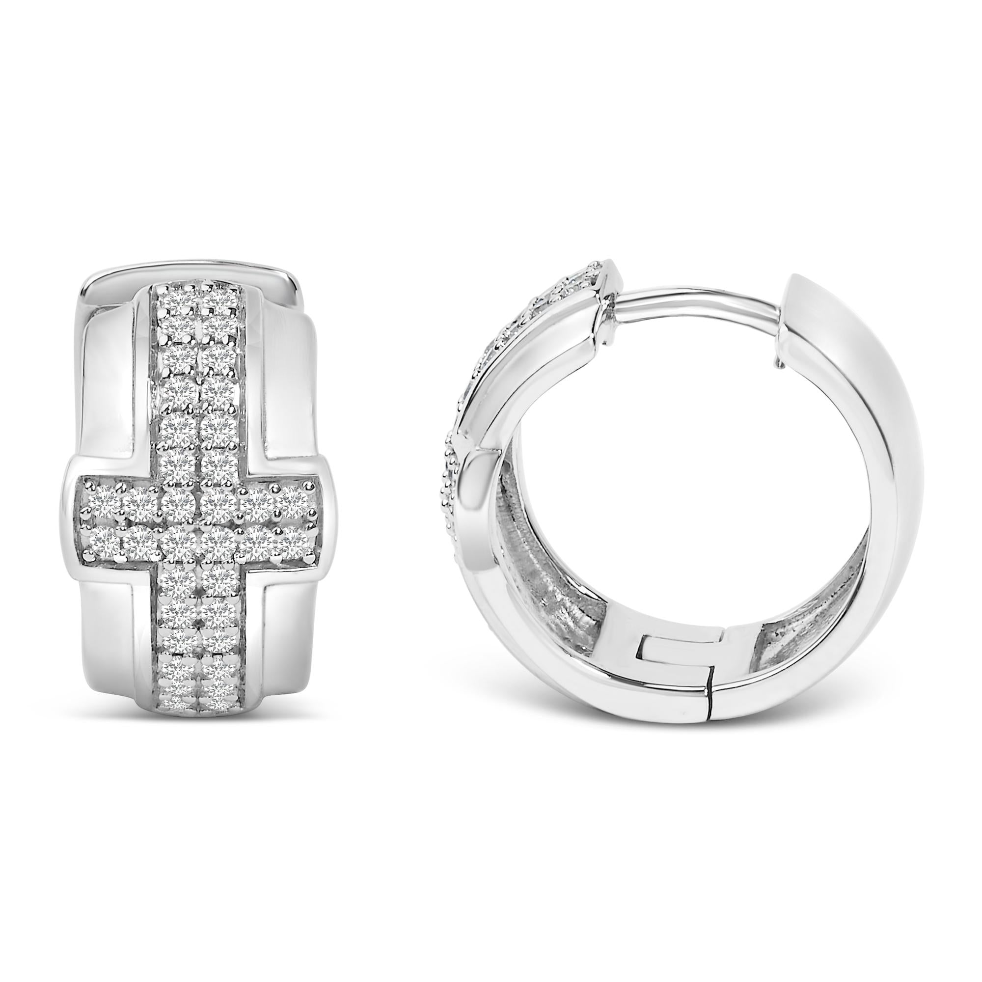 .925 Sterling Silver 1/2 Cttw Diamond Cross Domed Huggy Hoop Earrings