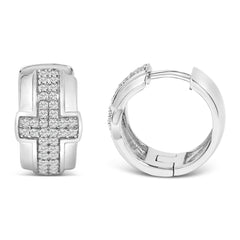 .925 Sterling Silver 1/2 Cttw Diamond Cross Domed Huggy Hoop Earrings