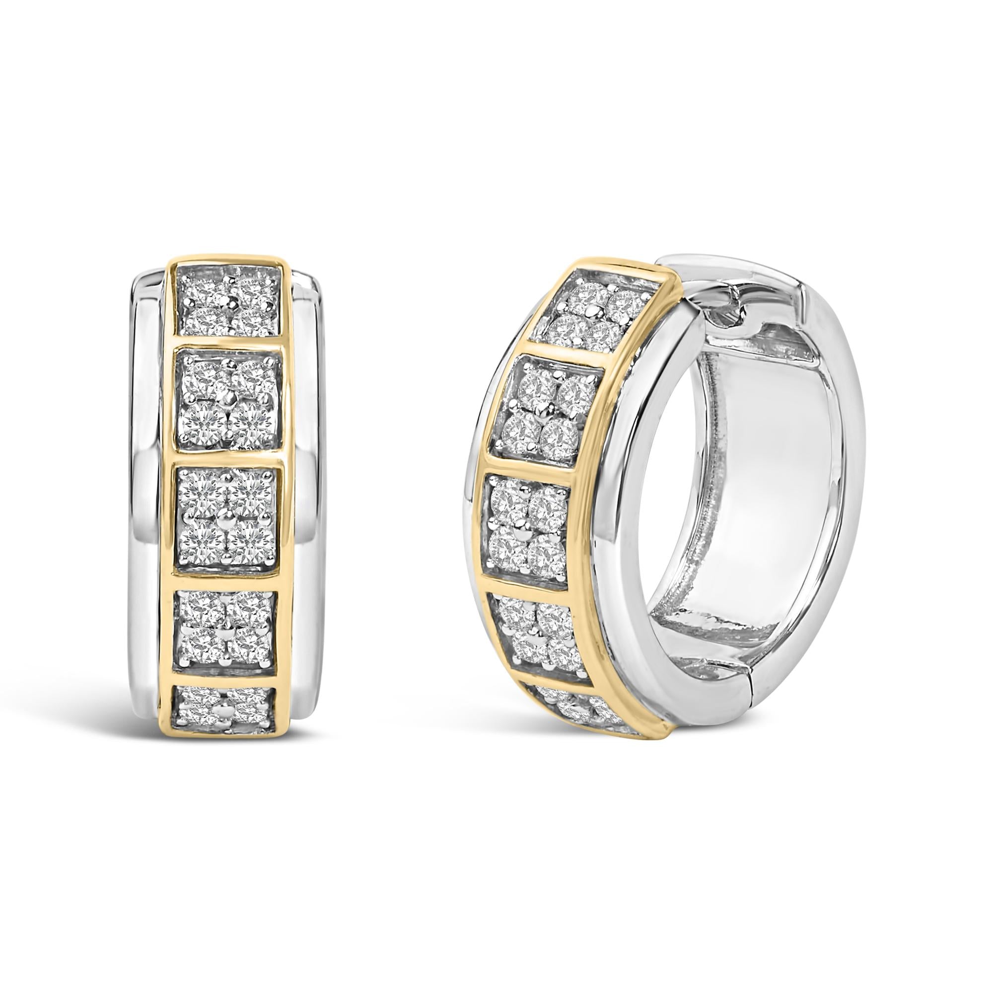 Two Tone .925 Sterling Silver 1/2 Cttw Diamond Square Box Huggie Hoop Earrings