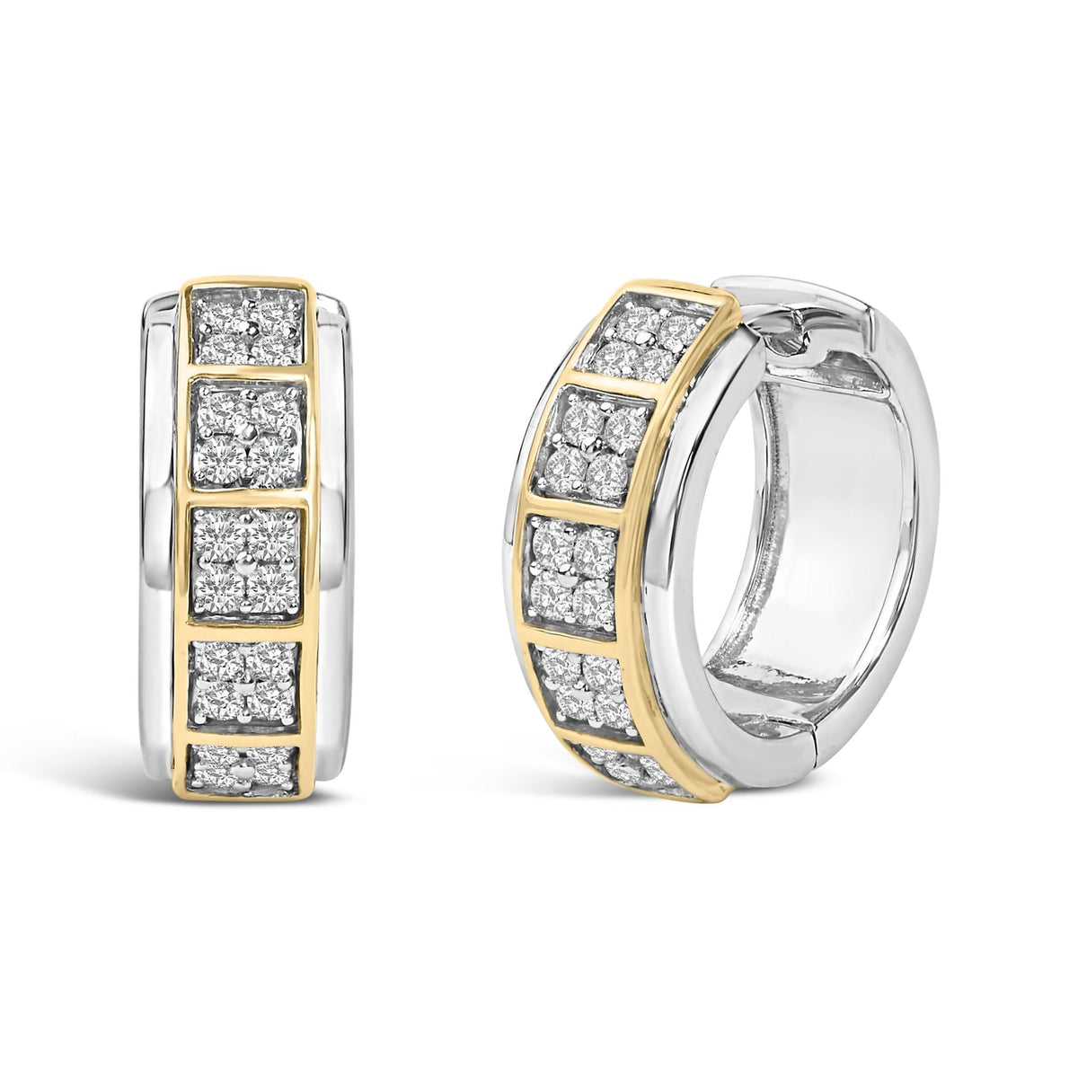 Two Tone .925 Sterling Silver 1/2 Cttw Diamond Square Box Huggie Hoop Earrings