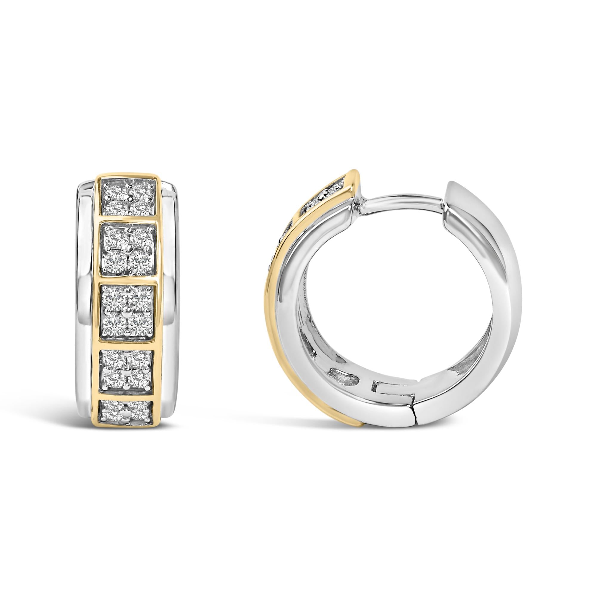 Two Tone .925 Sterling Silver 1/2 Cttw Diamond Square Box Huggie Hoop Earrings
