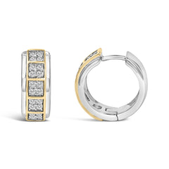 Two Tone .925 Sterling Silver 1/2 Cttw Diamond Square Box Huggie Hoop Earrings