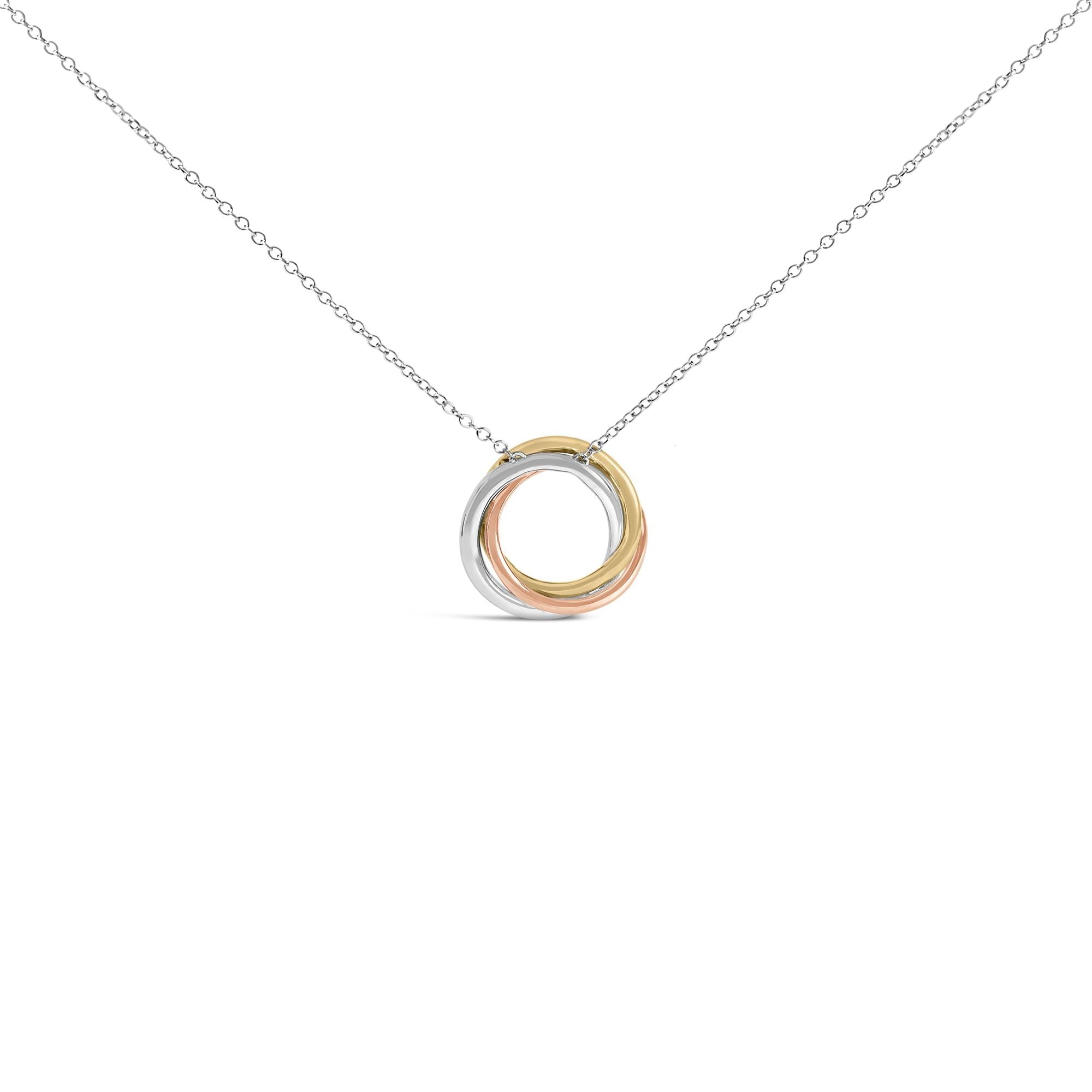 Tri Tone Sterling Silver 1/5 Cttw Diamond Interlocking Circle Pendant Necklace