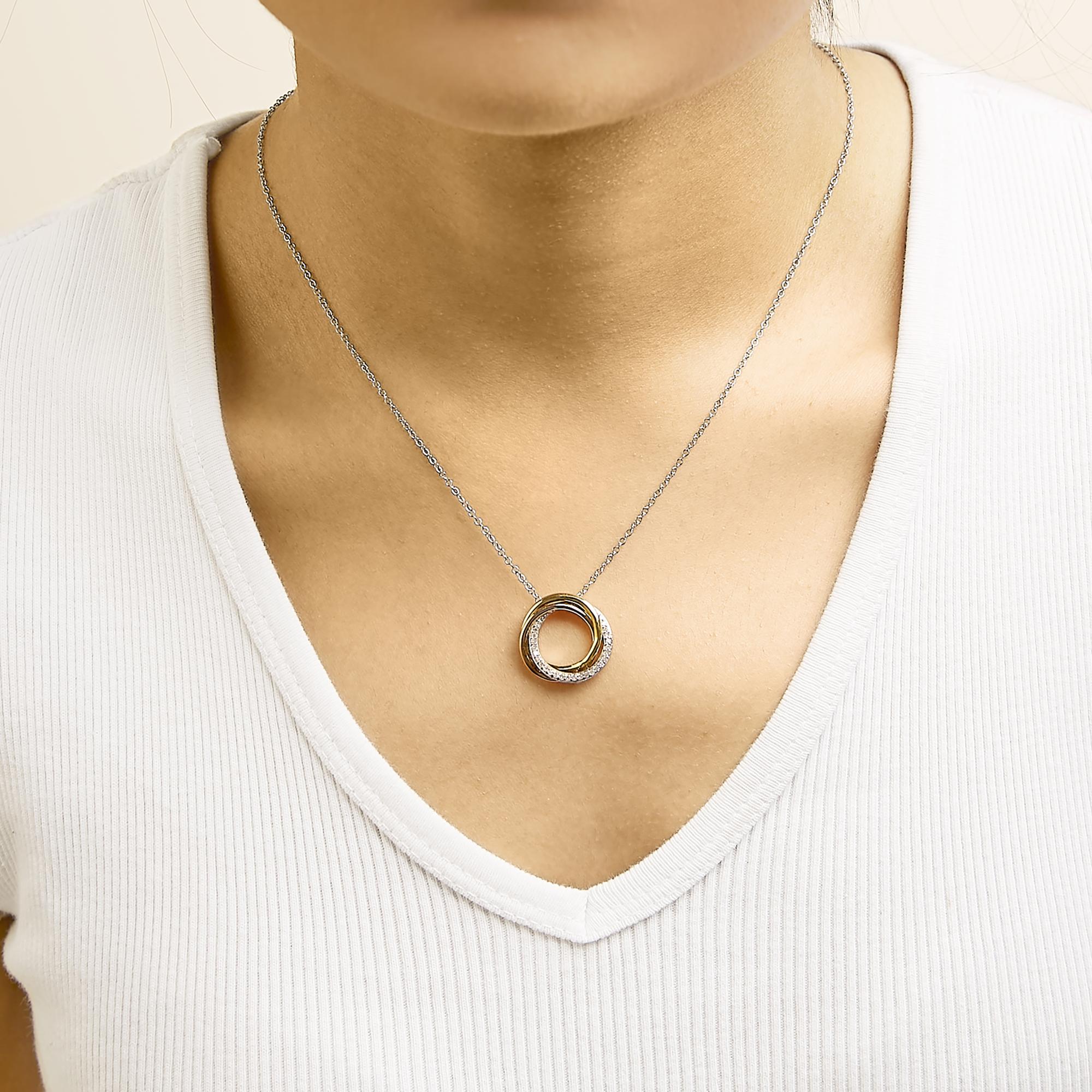 Tri Tone Sterling Silver 1/5 Cttw Diamond Interlocking Circle Pendant Necklace