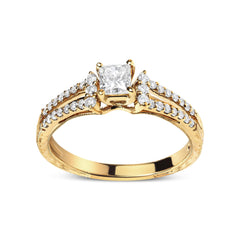 14K Yellow Gold Diamond 5/8 Cttw Princess Diamond Split Shank and Milgrain Engagement Ring (G-H Color, VS2-SI1 Clarity) - Size 7